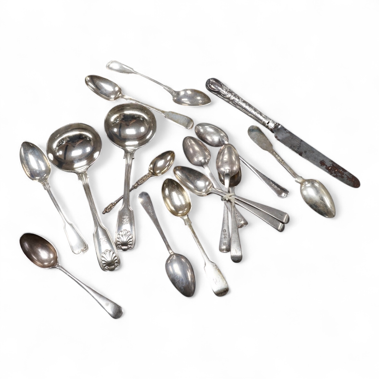 A small quantity of assorted 19th century and later flatware, various dates and makers, 15.3oz